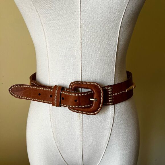 Vintage Brown Leather Belt Contrast Stitching Wood Bead Detail Boho Western 30 - Picture 1 of 9